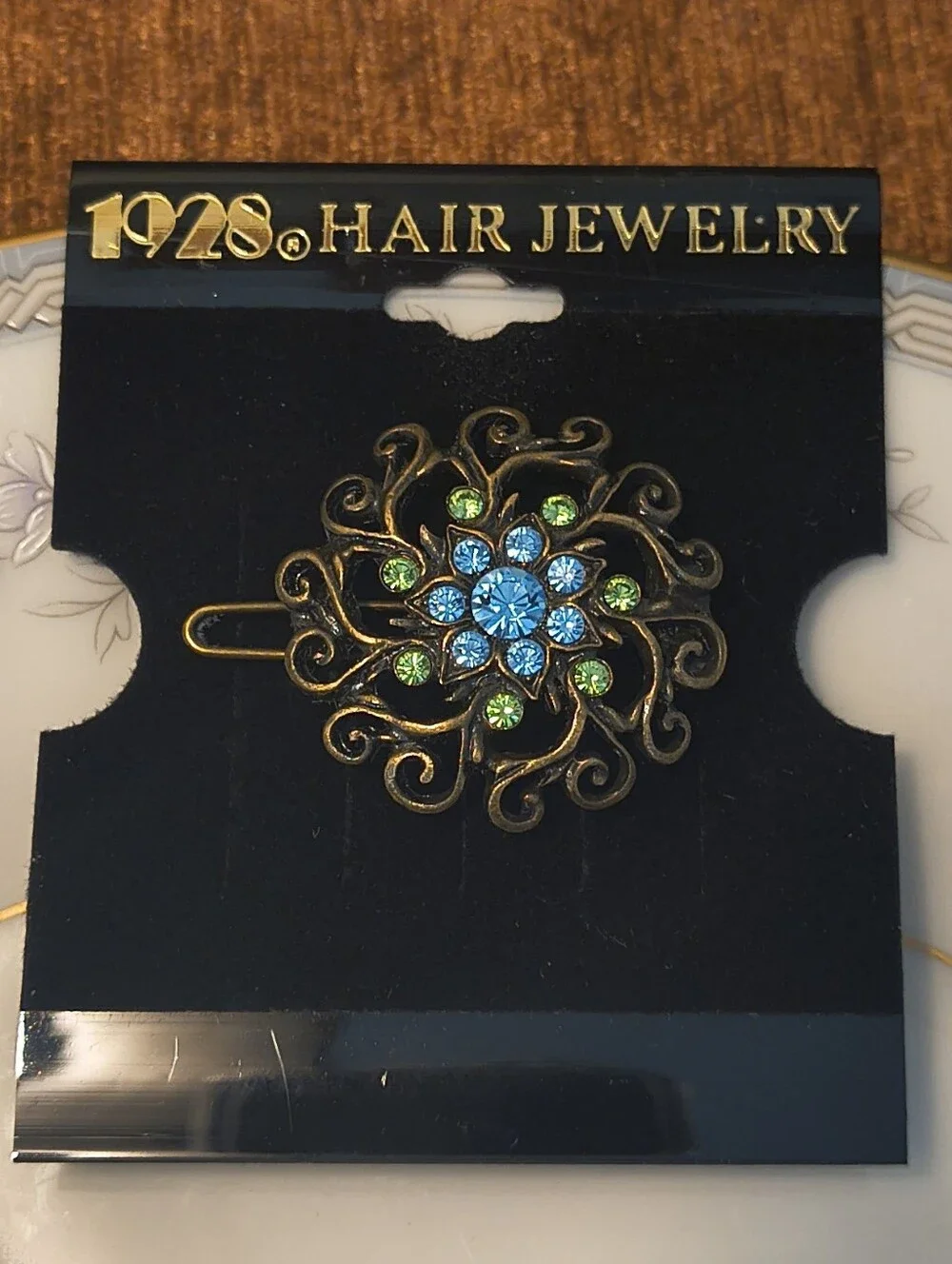 Vtg 1928 Hair Jewelry Clip Filigree Gold Blue Green Rhinestone New Old Stock